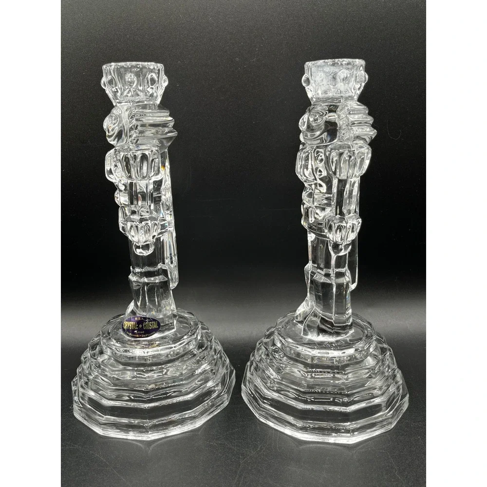 Vtg Pair Crystal Nutcracker Soldier Taper Candle Holders Lead Glass 8